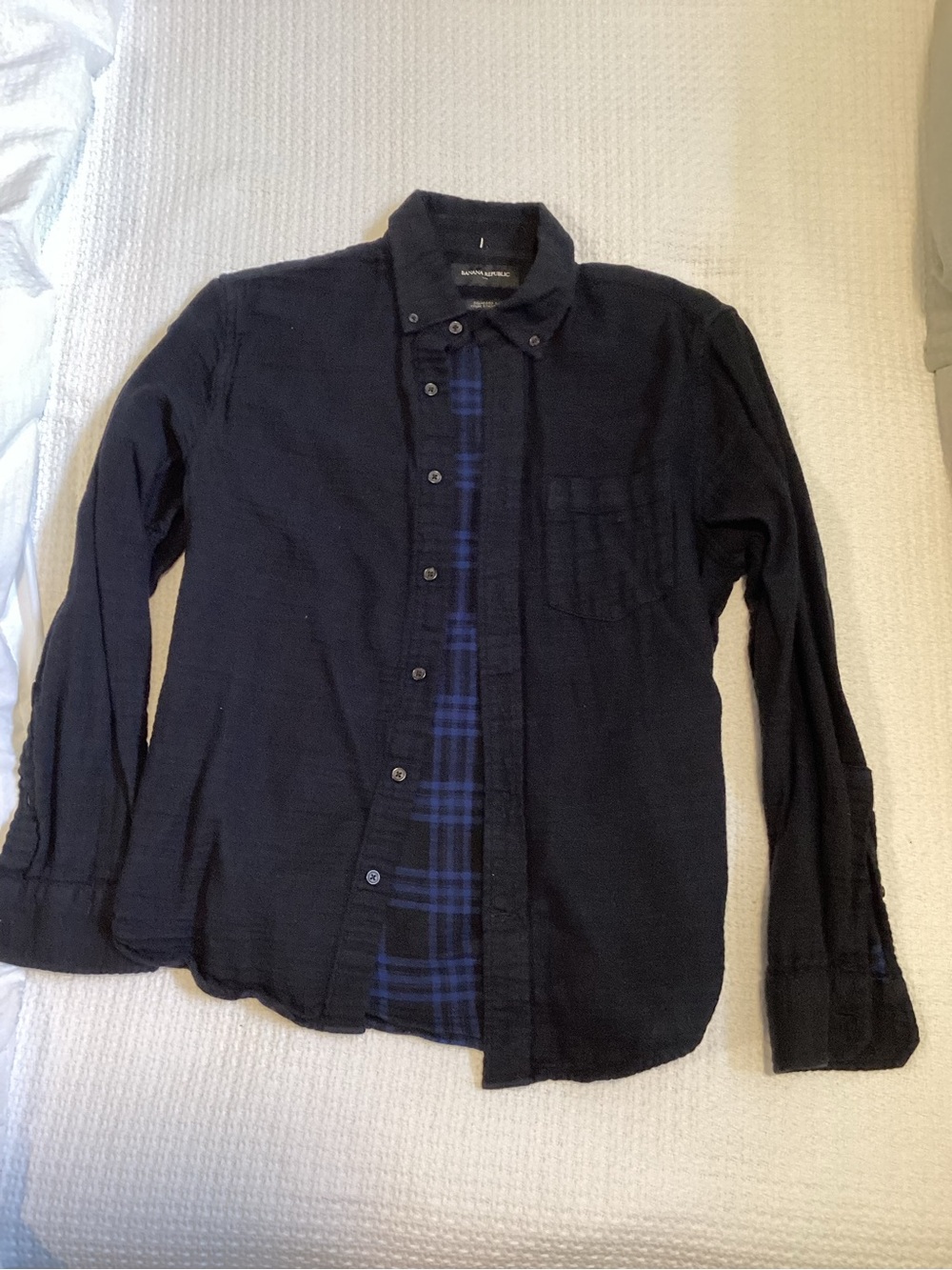 Banana Republic cotton Men’s Black Button-Down Shirt with Blue Plaid Interior